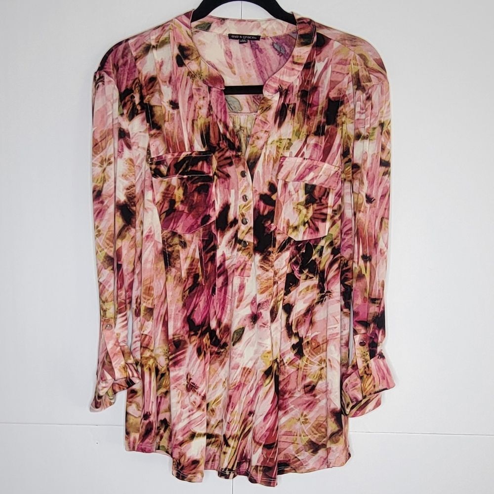 Ava & Grace Floral Blouse Women M Pink Abstract Print Button Front Top
